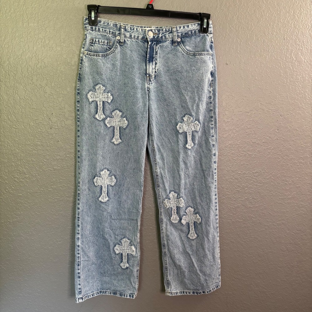 Simple Society Women Light Wash Cross Patch Wide Leg Jeans Blue Size 7/28